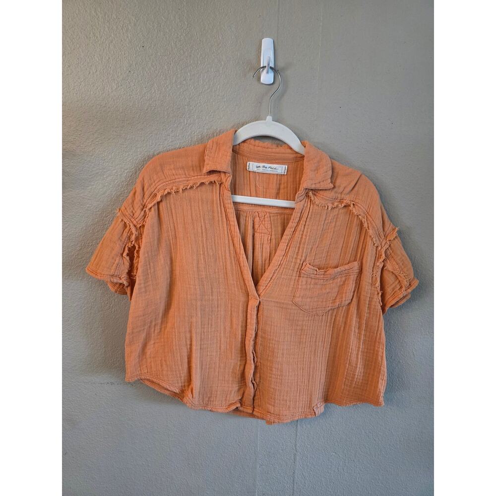 We The Free Women's Button Down V-Neck Cropped Gauze Top Boxy SZ Small Orange